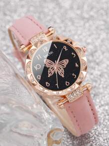 Women's Fashion Casual Crystal Butterfly Numeral Dial Quartz Wrist Watch With Butterfly Jewelry Set (6pcs/Set), Not Including Watch Box