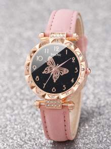 Women's Fashion Casual Crystal Butterfly Numeral Dial Quartz Wrist Watch With Butterfly Jewelry Set (6pcs/Set), Not Including Watch Box