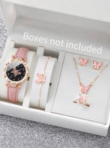 Women's Fashion Casual Crystal Butterfly Numeral Dial Quartz Wrist Watch With Butterfly Jewelry Set (6pcs/Set), Not Including Watch Box