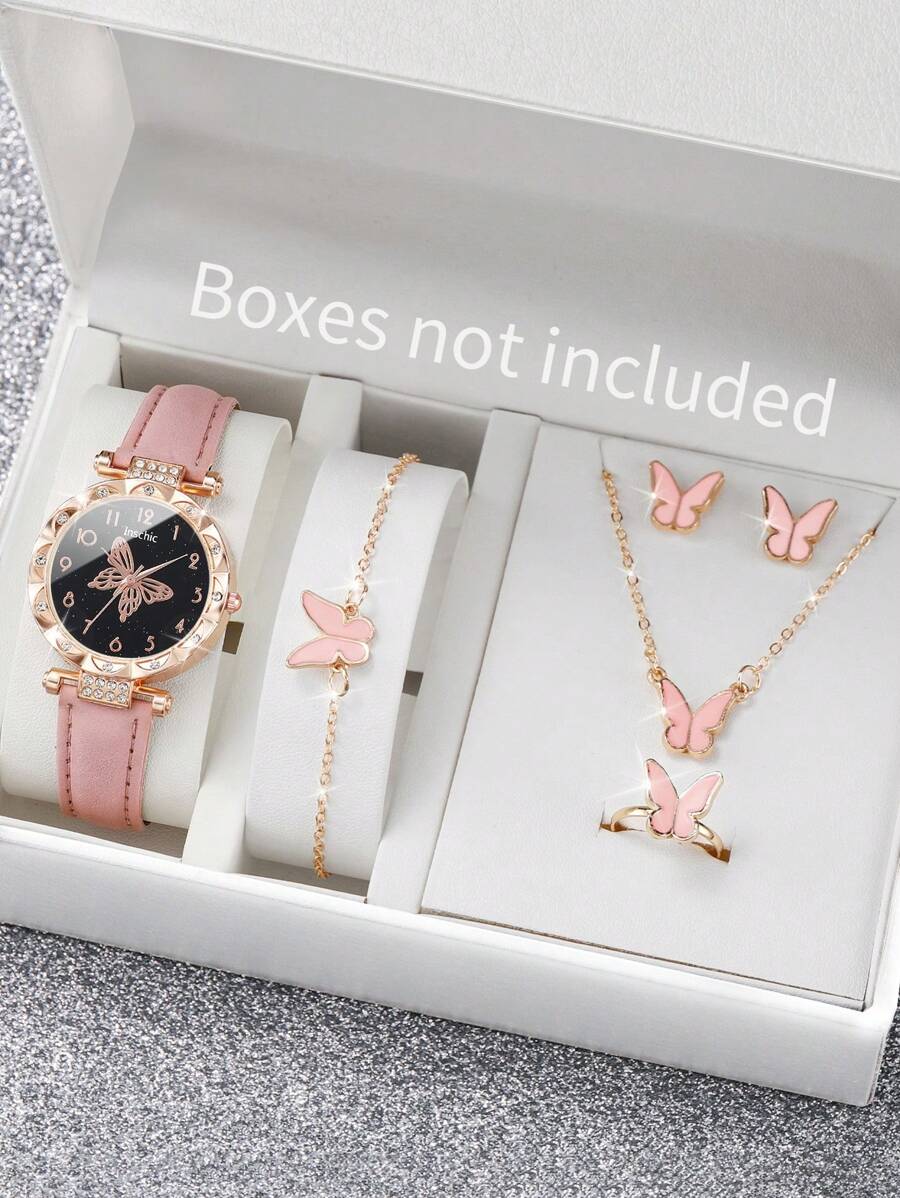 Women's Fashion Casual Crystal Butterfly Numeral Dial Quartz Wrist Watch With Butterfly Jewelry Set (6pcs/Set), Not Including Watch Box