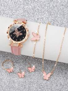 Women's Fashion Casual Crystal Butterfly Numeral Dial Quartz Wrist Watch With Butterfly Jewelry Set (6pcs/Set), Not Including Watch Box