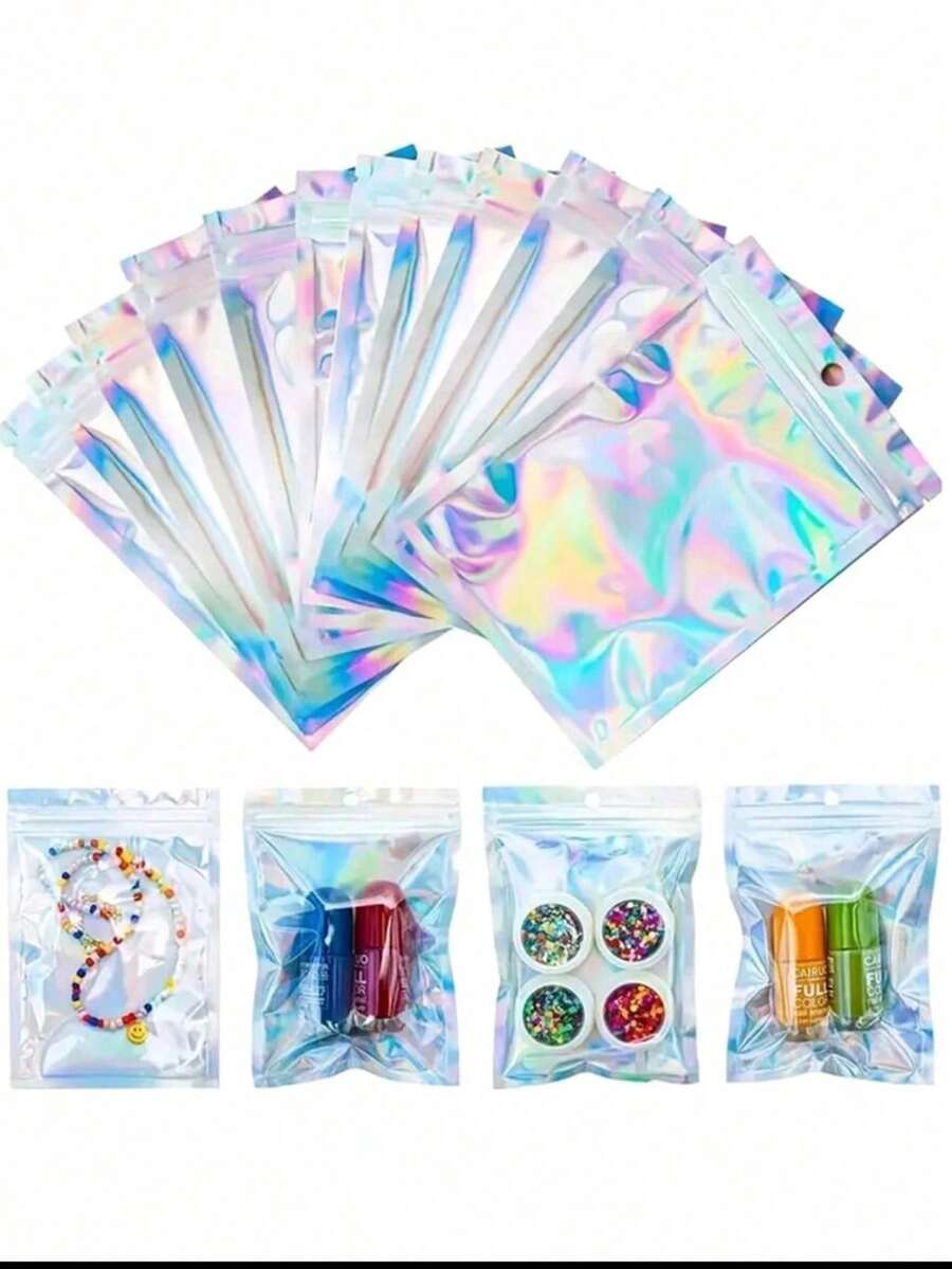 10 个全息袋，各种尺寸可重复使用的密封袋，激光彩虹图案自封袋，适用于小型企业糖果袋和前窗样品袋，自封袋，节日礼品糖果袋 - 彩色 - 查看 1