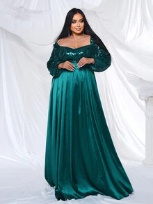 seomiscky Plus Size Long Sleeve Sequins Patchwork A-Line Evening Dress - Green - View 6