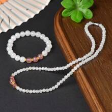 2pcs Natural White Nephrite Bracelet + Necklace, Hand Woven Necklace, Natural Gemstone Beaded Bracelet, Women's Jewelry, Elastic Bracelet, Jewelry Gifts, Family Gifts, Holiday Gifts, Quartz Crystal Gifts. - View 4