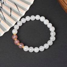 2pcs Natural White Nephrite Bracelet + Necklace, Hand Woven Necklace, Natural Gemstone Beaded Bracelet, Women's Jewelry, Elastic Bracelet, Jewelry Gifts, Family Gifts, Holiday Gifts, Quartz Crystal Gifts. - View 2