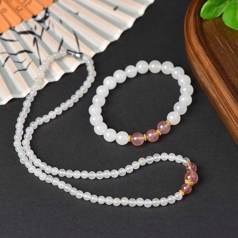 2pcs Natural White Nephrite Bracelet + Necklace, Hand Woven Necklace, Natural Gemstone Beaded Bracelet, Women's Jewelry, Elastic Bracelet, Jewelry Gifts, Family Gifts, Holiday Gifts, Quartz Crystal Gifts. - View 1