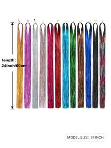Kit de extensiones de cabello con brillos y lentejuelas, herramientas para extensiones de cabello tipo hada brillante, 12 raíces de extensiones de cabello holográfico de colores, kit de mechones de cabello con lentejuelas de 48 pulgadas - Multicolor - Ver 2