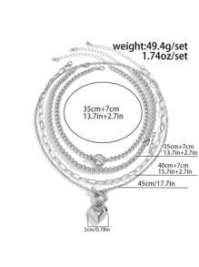 4pcs/Set Vintage Simple Flat Snake Chain Alloy Pendant OT Clasp Necklace Set, Adjustable Layering Necklaces For Daily Wear And Holiday Gifts - Silver - View 5