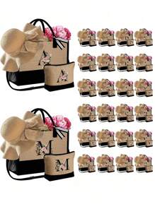 3件套女士沙滩手提包（带肩带）、女士沙滩帽和化妆包、字母A-Z沙滩配饰包、带侧袋的个性化礼品包、带围巾的沙滩包、女士卡其色波浪沙滩遮阳帽 - 卡其色 - 查看 2