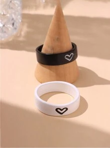 2 件戒指 + 2 件项链 - 极简主义风格珠宝，时尚的黑白心形设计，送给最好的朋友的完美礼物