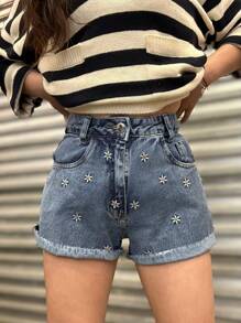 High Waist Jeans Shorts With Flower Embroidery For Women Modal Jeans Without Lycra - Rửa trung bình - Xem 5