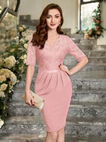 MIUSOL Đầm dự tiệc cocktail bó sát cổ chữ V ren hoa viền nhún cổ điển - Màu Hồng baby - Xem 7