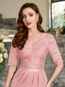 MIUSOL Đầm dự tiệc cocktail bó sát cổ chữ V ren hoa viền nhún cổ điển - Màu Hồng baby - Xem 9