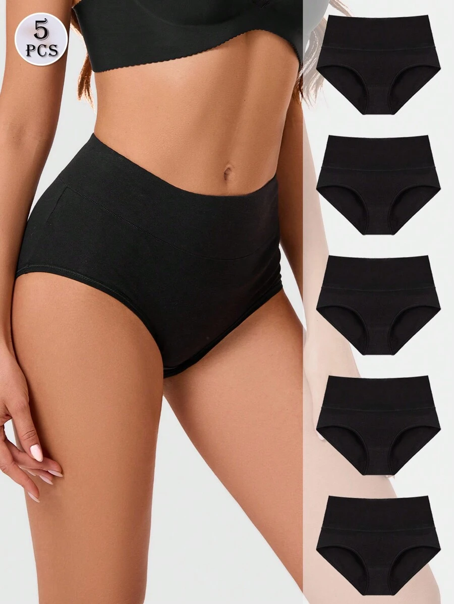5 piezas de Bragas de algodón transpirables de talle medio para mujer - Negro - Ver 1