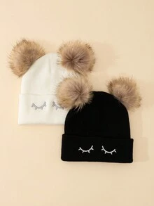 2 件套儿童和成人双绒球针织无檐小便帽，保暖冬季帽 - 2 pcs - 查看 3