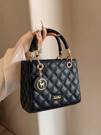 Handväska med stor kapacitet för kvinnor, lyxig kvinnlig väska, svart färg broderi Rhombus mönster Crossbody väska, Trendig väska för kvinnor Elegant