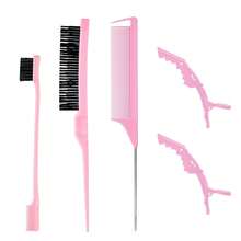Hairstyle Comb Set With Edge Control Brush, 3-Row Teasing Brush, Mouse Tail Comb, Crocodile Clip For Edge Back Brush Sliding Combing - Female Stylist Beauty Accessories - Pink - View 8