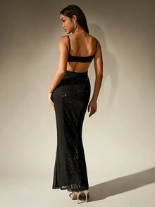 Backless Cut Out Mermaid Hem Sequin Bodycon Cami Women Cocktail Dress - Black - View 4