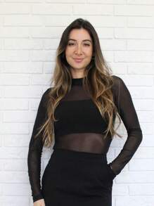 Basic Plain Tulle Body With Round Neck Long Sleeves - màu đen - Xem 1