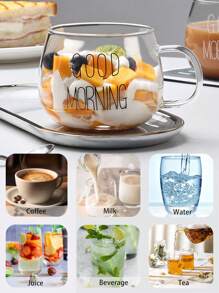 1 pieza Taza de vidrio resistente al calor de 450ml/15.21oz con asa, taza de agua, taza de "buenos días", taza de café, taza de leche de vidrio resistente al calor con asa, taza de desayuno, taza de avena, taza para pareja, taza de agua, taza de vidrio, taza de café con hielo