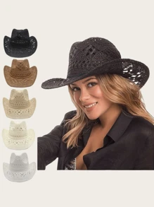 1 pieza Sombrero de paja estilo occidental vaquero hueco vintage elegante casual bohemio a cuadros unisex, sombrero de Panamá de protección solar de verano, sombrero de vaquera