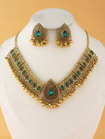 3pcs/Set Retro Gold Flower Pendant Necklace & Earrings Jewelry Set, Green Glass For Women, Mother's Day, Graduation, Wedding Bride Jewelry Gift Sets For Daily Wear Valentines