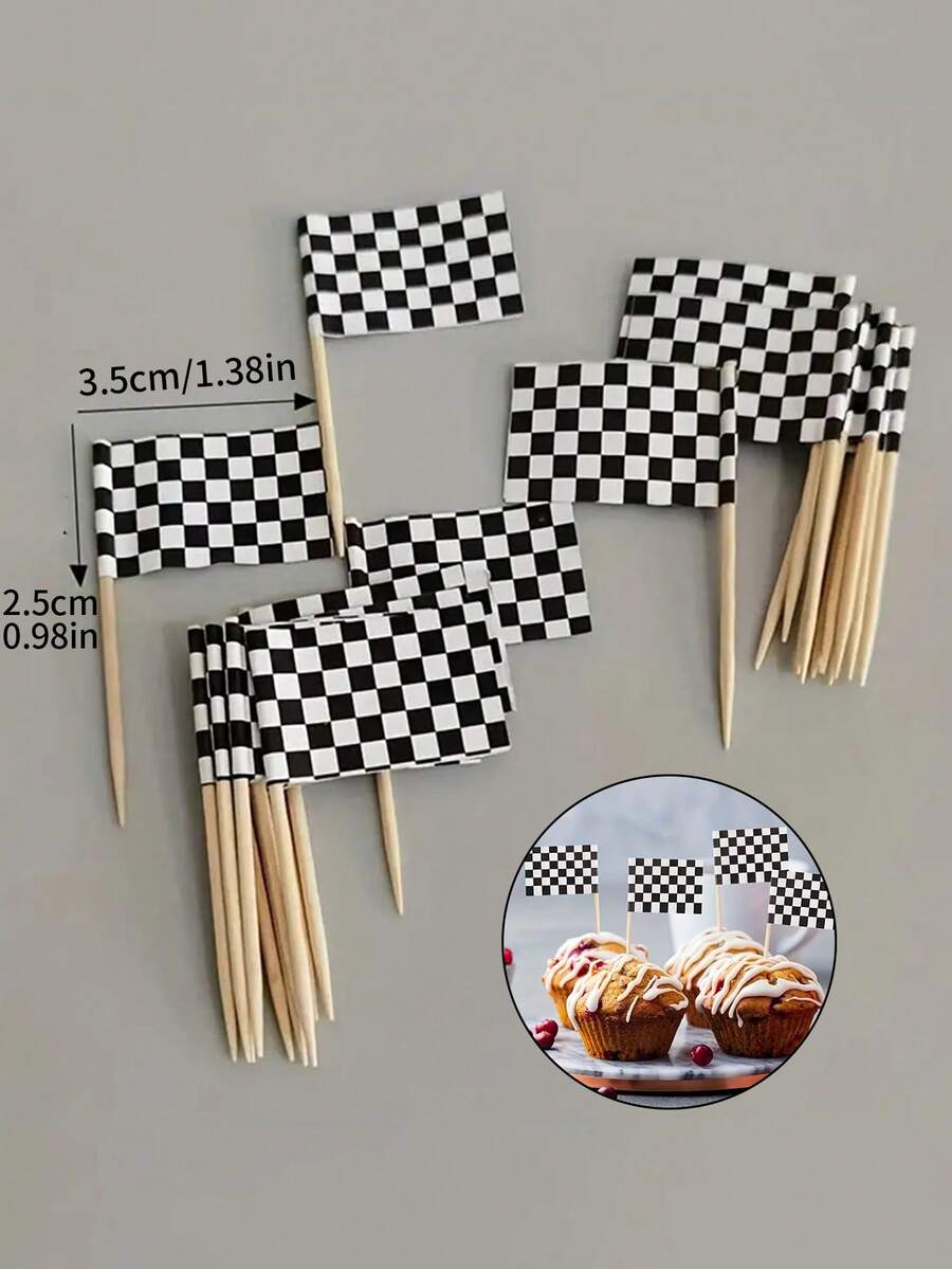 24 piezas/50 piezas Decoraciones de cupcakes con bandera a cuadros de carreras, decoraciones para pastel para fiesta de cumpleaños con tema de carreras - Blanco y Negro - Ver 1