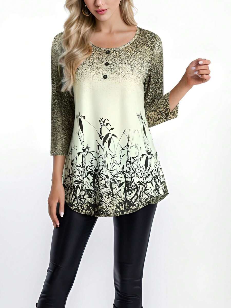 Women's Floral Print Casual Tops Blouse 3/4 Sleeve Buttons T Shirts - 墨綠色 - 查看 1