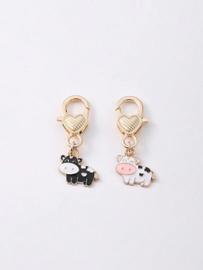 2 piezas Llavero de vaca chapado en oro con esmalte de aleación, accesorios de moda para hacer collares, pulseras, llaveros, encantos para bolsos, accesorios de joyería, regalos del Día de San Valentín, accesorios para automóviles, accesorios escolares, bolsos góticos lindos, accesorios Y2k con soporte para tarjeta de identificación