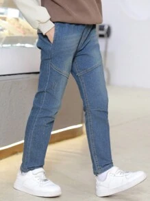 1pc Tween Boy Minimalist Denim Jeans, Spring & Autumn - Navy Blue - View 4
