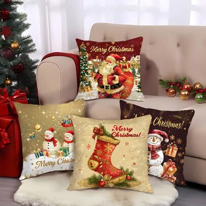 4pcs Christmas Santa Claus, Snowman & Gift Pillow Covers, Single-Sided Printed Plush Fabric, 45*45/50*50/40*40CM Cushion Covers For Modern Fabric Sofa Indoor Decor, Party Decoration