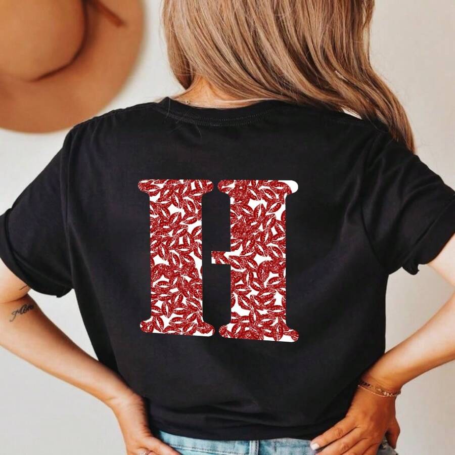 Premium 100% Cotton T-Shirt Letter H Kisses For Boyfriend Couple Kisses Black Streetwear Launch 2024 Unisex - 黑色 - 查看 1