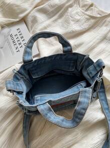 KVKY 1قطعة حقيبة كتف جينز صغيرة أنيقة، زخرفة رقعة حرفية، حقيبة كتف قابلة للتحويل، حقيبة كروس نسائية خفيفة الوزن متعددة الاستخدامات