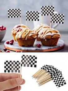 24 piezas/50 piezas Decoraciones de cupcakes con bandera a cuadros de carreras, decoraciones para pastel para fiesta de cumpleaños con tema de carreras - Blanco y Negro - Ver 2