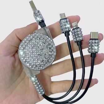 3-In-1 Rhinestone Star-Shaped Quick Charging Cable With Auto-Retract Reel, Compatible With Type-C/Lightning/Micro USB Nan Fast Charging MFi Certified
