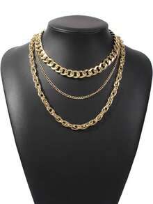 3 件装朋克风格多层金属粗链项链，适合女士 - 金色 - 查看 2