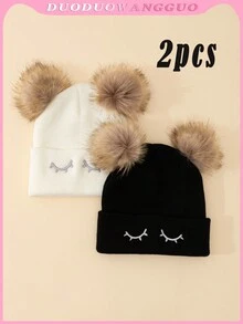 2 件套儿童和成人双绒球针织无檐小便帽，保暖冬季帽 - 2 pcs - 查看 1