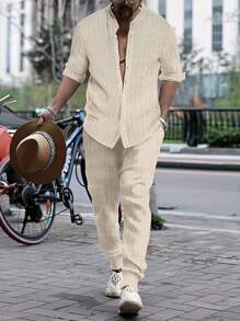 2pcs Casual Men's Simple Design Long Sleeve Shirt And Trousers Set - Apricot - View 1