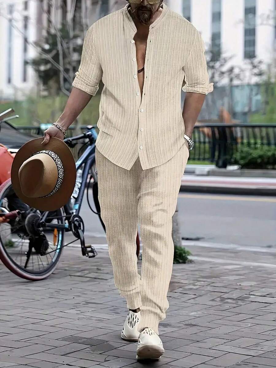 2pcs Casual Men's Simple Design Long Sleeve Shirt And Trousers Set - Apricot - View 1