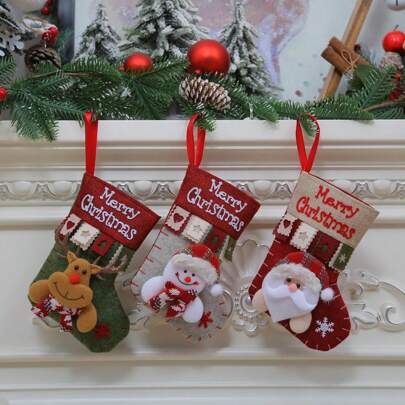 1pc/3pcs Christmas Party Decoration Santa Claus Snowman Reindeer Vintage Small Socks Christmas Tree Hanging Ornaments Christmas Stockings Gift Bags Candy Bags Holiday Celebration Supplies,Christmas