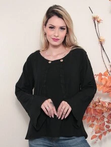 Women's Blouse Shirt With Flare Sleeves And Lace Details - Casual Elegance - 黑色 - 查看 2
