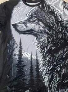 Men's Wolf Head Digital Print Crew Neck Casual Long Sleeve T-Shirt, Fall - Black - View 3