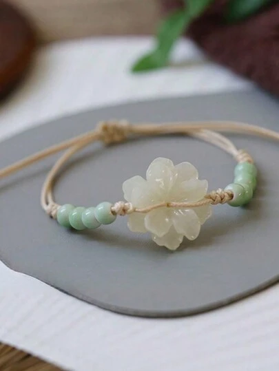 1條簡約時尚多彩手工花朵設計串珠手鍊，復古陶瓷繩珠寶飾品，適合女性和女孩日常佩戴