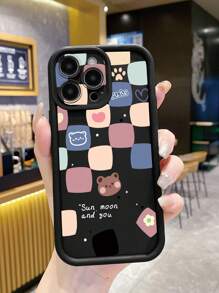 1pc Cute Bear Head Hollow Color Block Black Tempered Glass Phone Case Compatible With Apple/Compatible With Samsung/Compatible With Xiaomi/Compatible With Redmi/Compatible With Infinix/Compatible With Vivo/Compatible With Oppo - Black - View 1