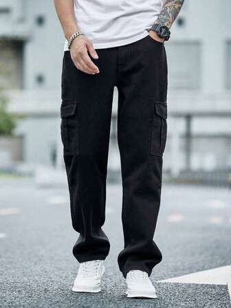 Calça Denim Cargo com Bolso de Aba Lateral para Homens