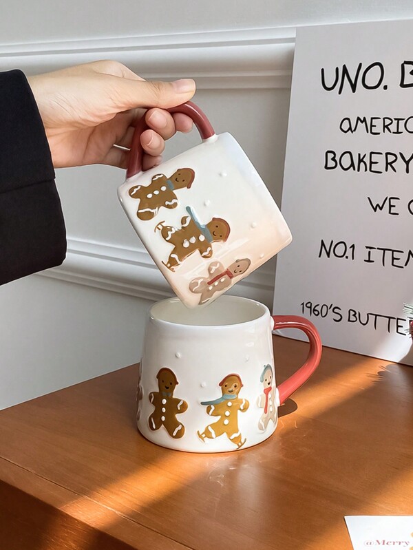 CMYD Studio 1 pieza Taza de cerámica de 320ml con diseño de hombre de jengibre pintado a mano y con múltiples diseños de hombre de jengibre y de esquí, apropiada para reuniones familiares navideñas, cena, café, té y como regalo de vacaciones para regresar a la escuela