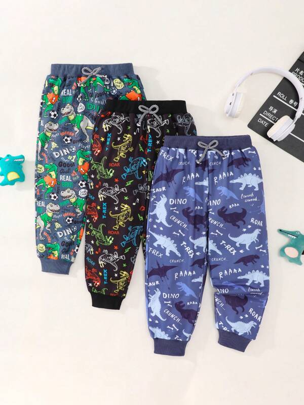 3pcs Young Boy Dinosaur Print Young Boy Sports Pants, Children Loose Casual Trousers, Relaxed Fit Sweatpants