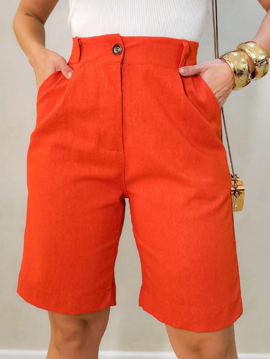 Linen Shorts /With Central Button /Side Pockets /Cod 190. - trái cam - Xem 1