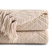 Battilo Throw Blanket For Sofa Couch Chair Bed, Super Soft Decorative Knitted Blanket With Tassels, Warm Cozy Couch Cover Blanket, Sofa Throw, Bed Blanket - Beige - View 2