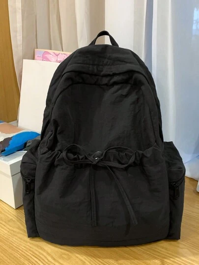 女士休闲纯色防水抽绳蝴蝶结背包，适合上学、学习、购物、旅行